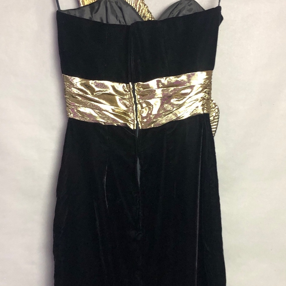 Vintage Art Deco Cocktail Dress M Black Velvet Gold Origami Fan Dave & Johnny - Picture 7 of 8